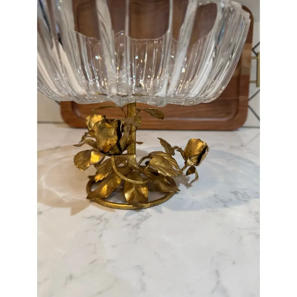 Hollywood Regency compote bowl crystal top gold-gilt cast brass pedestal base
